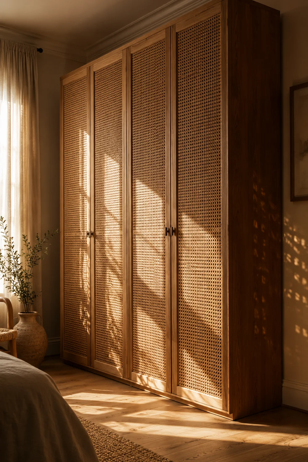 Woven cane and oak wardrobe armoire casting shadow patterns in a bedroom