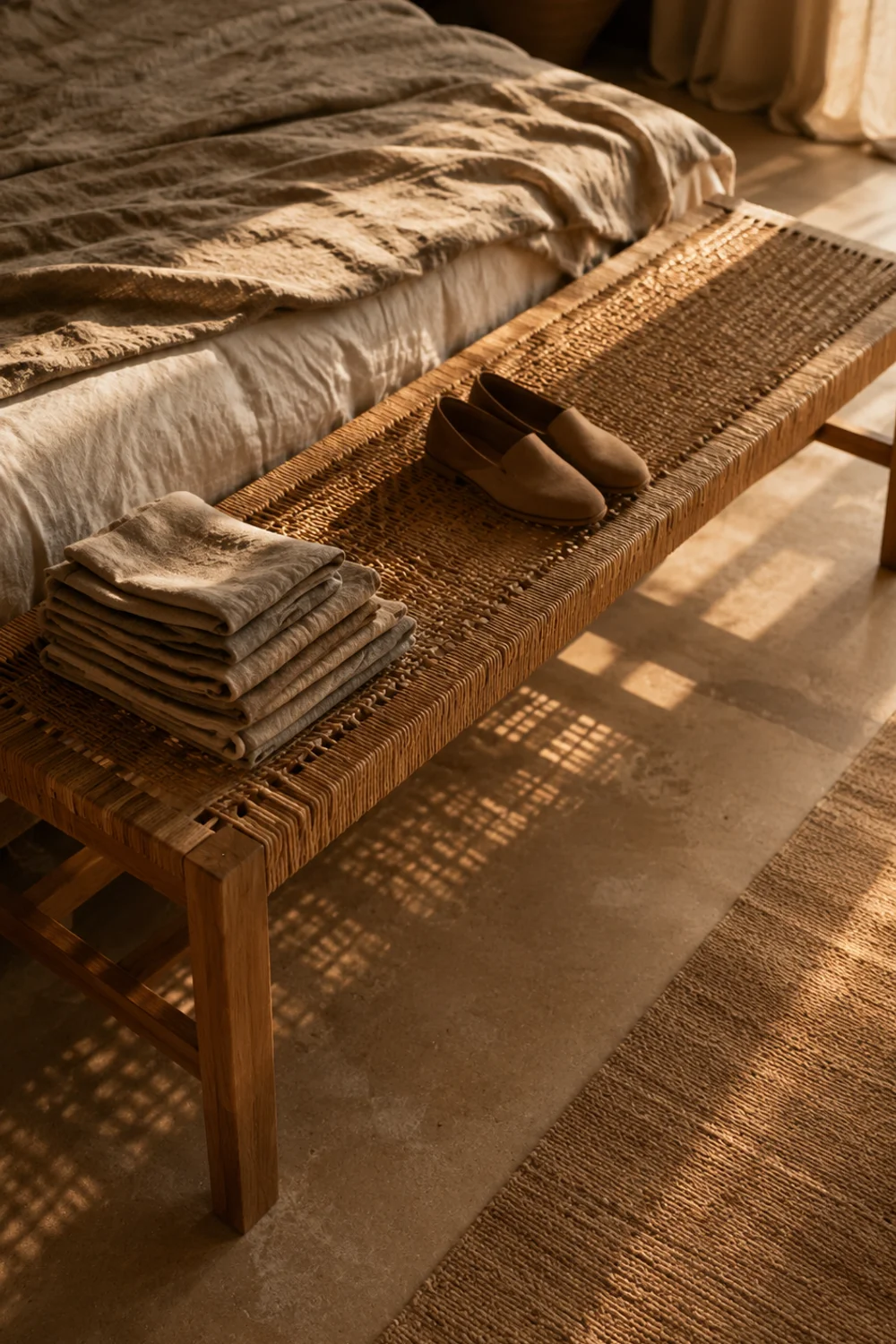 Woven rush seat bench with oak frame at the foot of a low platform bed