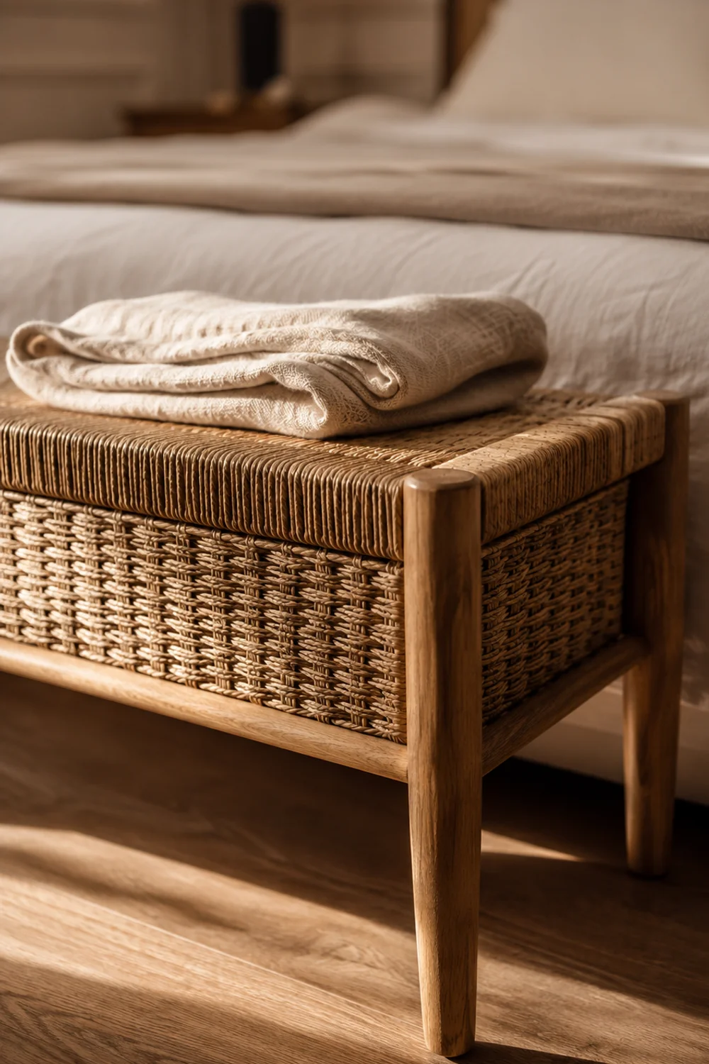 Narrow woven-seat storage bench at the foot of a Scandinavian bed