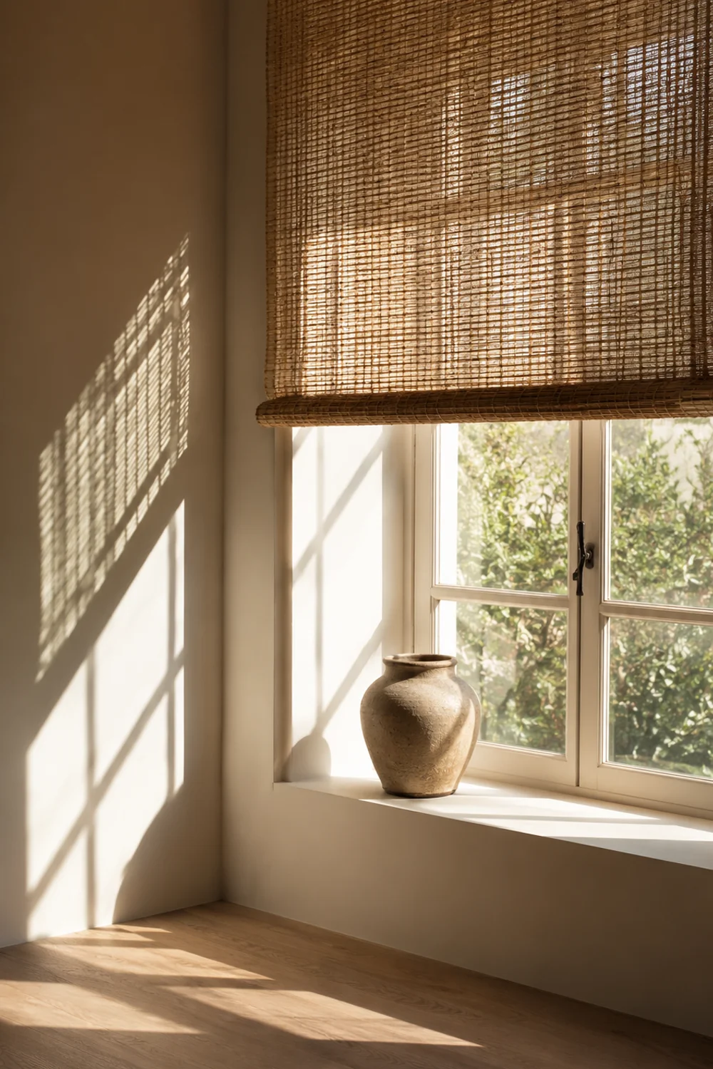 Woven wood roman shade raised to let daylight into a Scandinavian bedroom