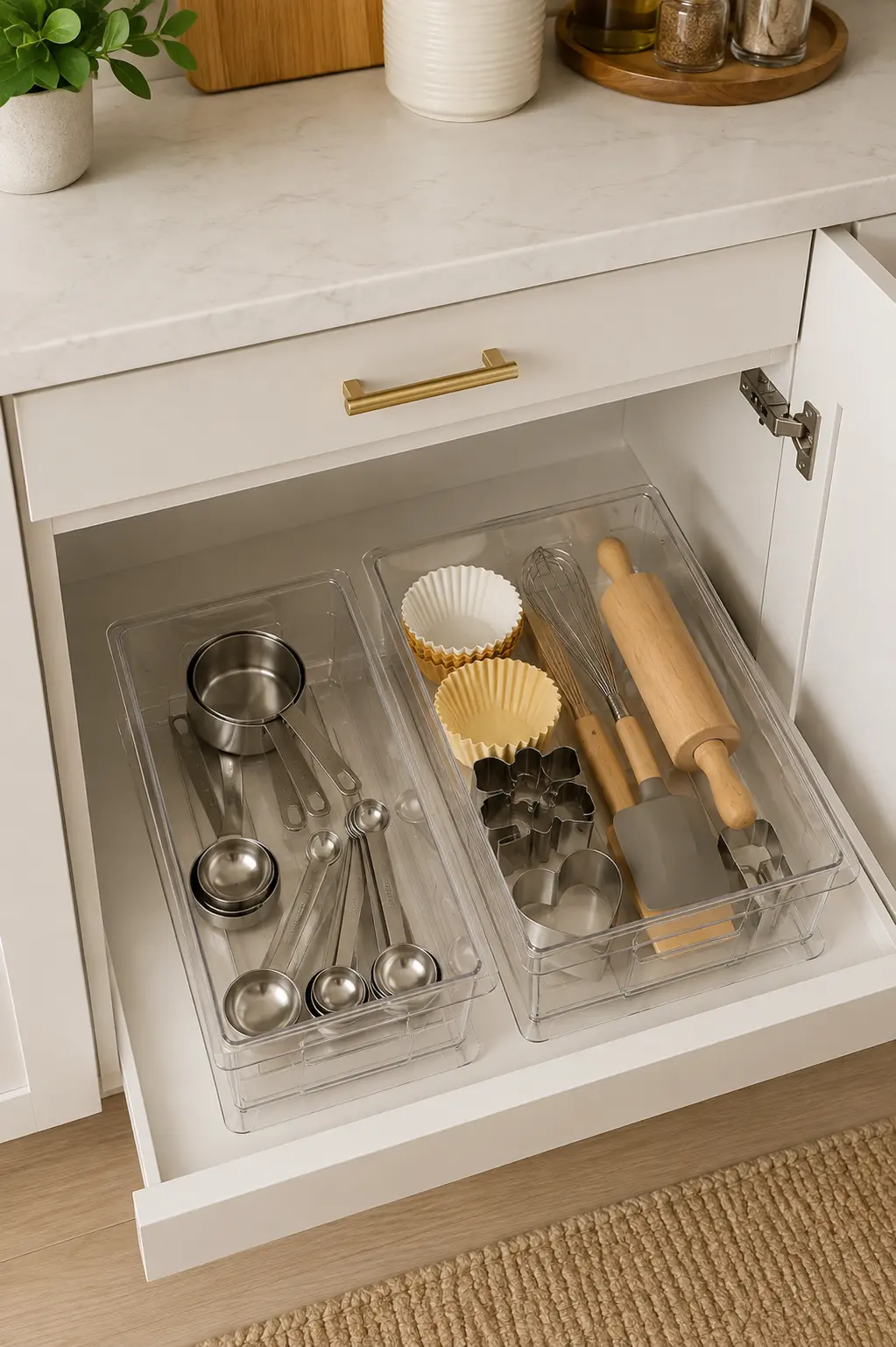 Open lower kitchen cabinet with stacked labeled clear storage bins for small kitchen tools and gadgets
