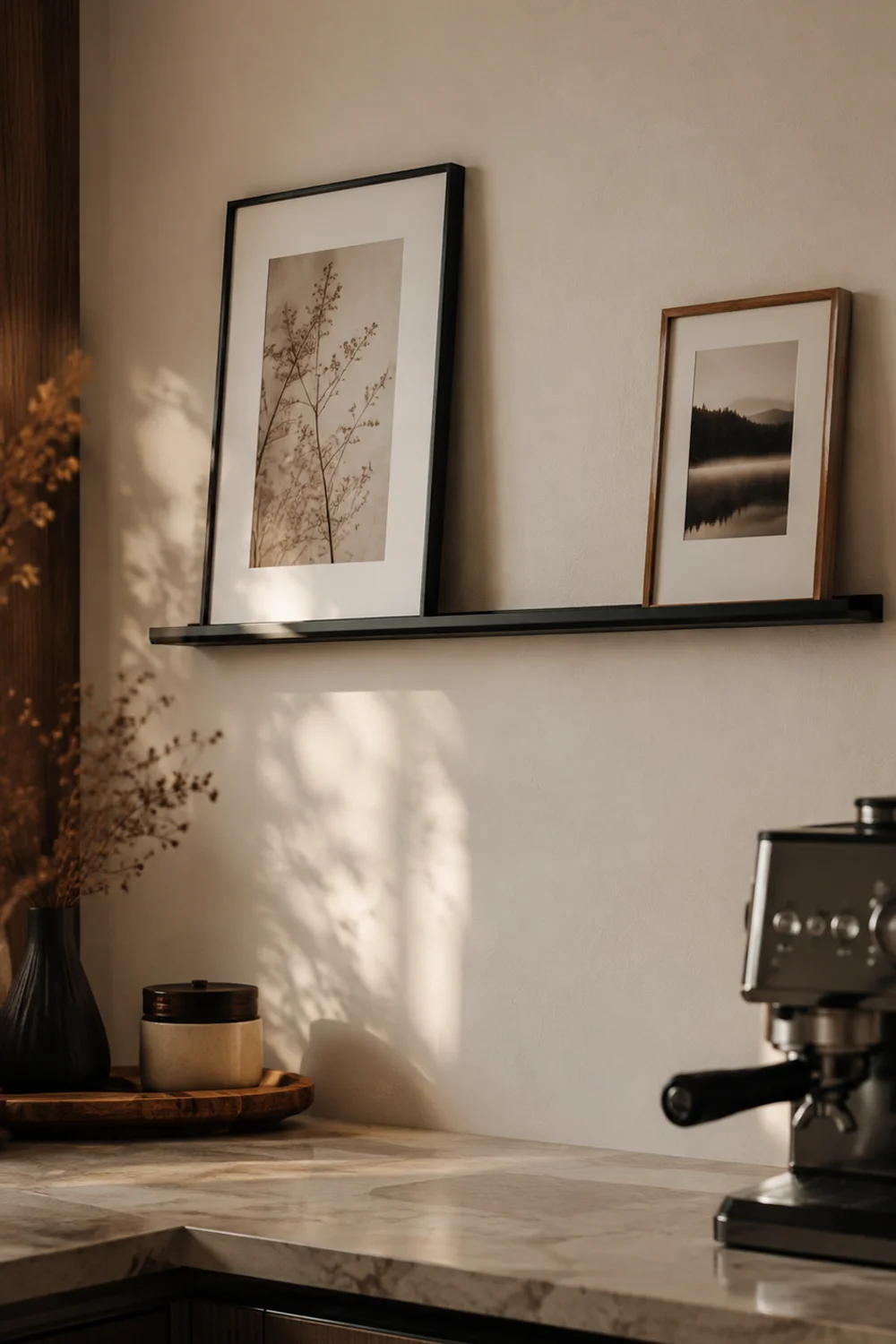 No-drill adhesive picture ledge with two small framed art pieces above a kitchen counter