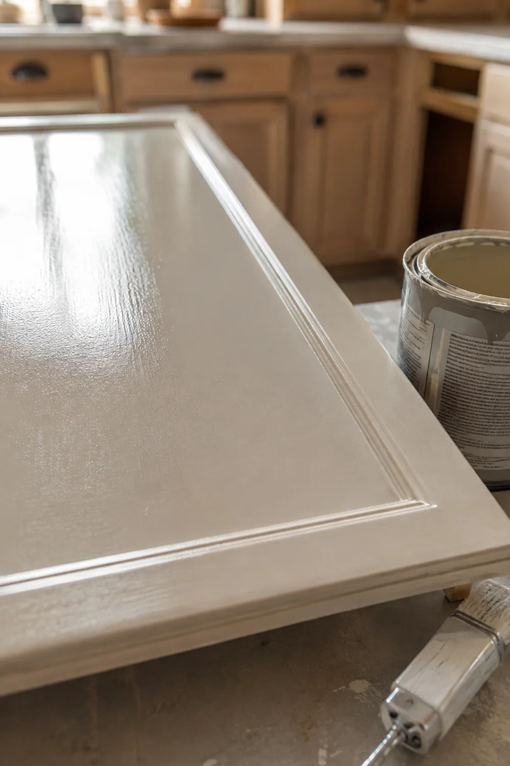 Freshly painted cabinet door test panel with furniture-grade enamel paint and roller on kitchen counter