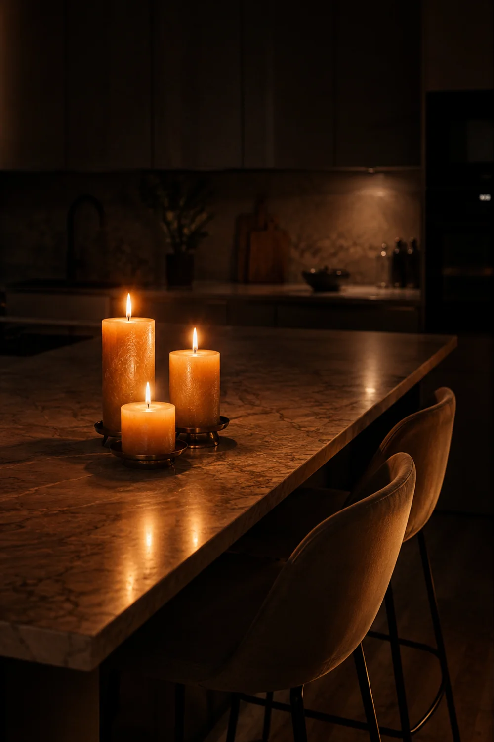 Three staggered beeswax taper candles glowing on a modern kitchen counter beside bar stools at dusk