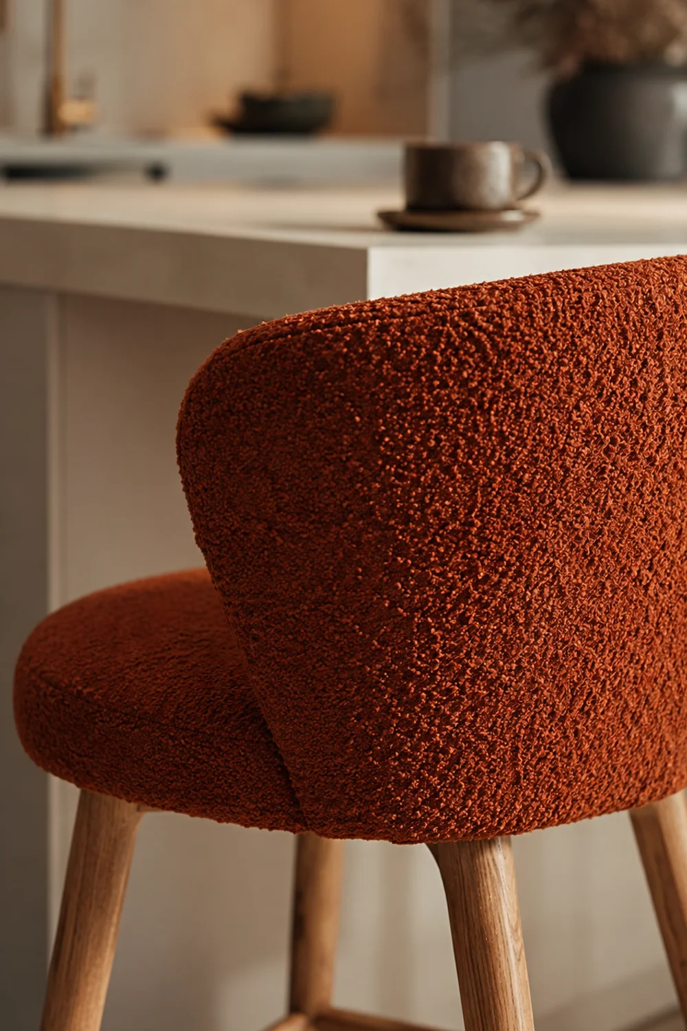 Terracotta bouclé upholstered counter stool against a cream kitchen island, close-up texture detail