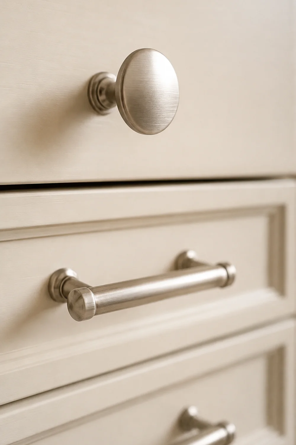 Brushed nickel cabinet knobs and pulls installed on cream kitchen cabinet fronts, close-up detail