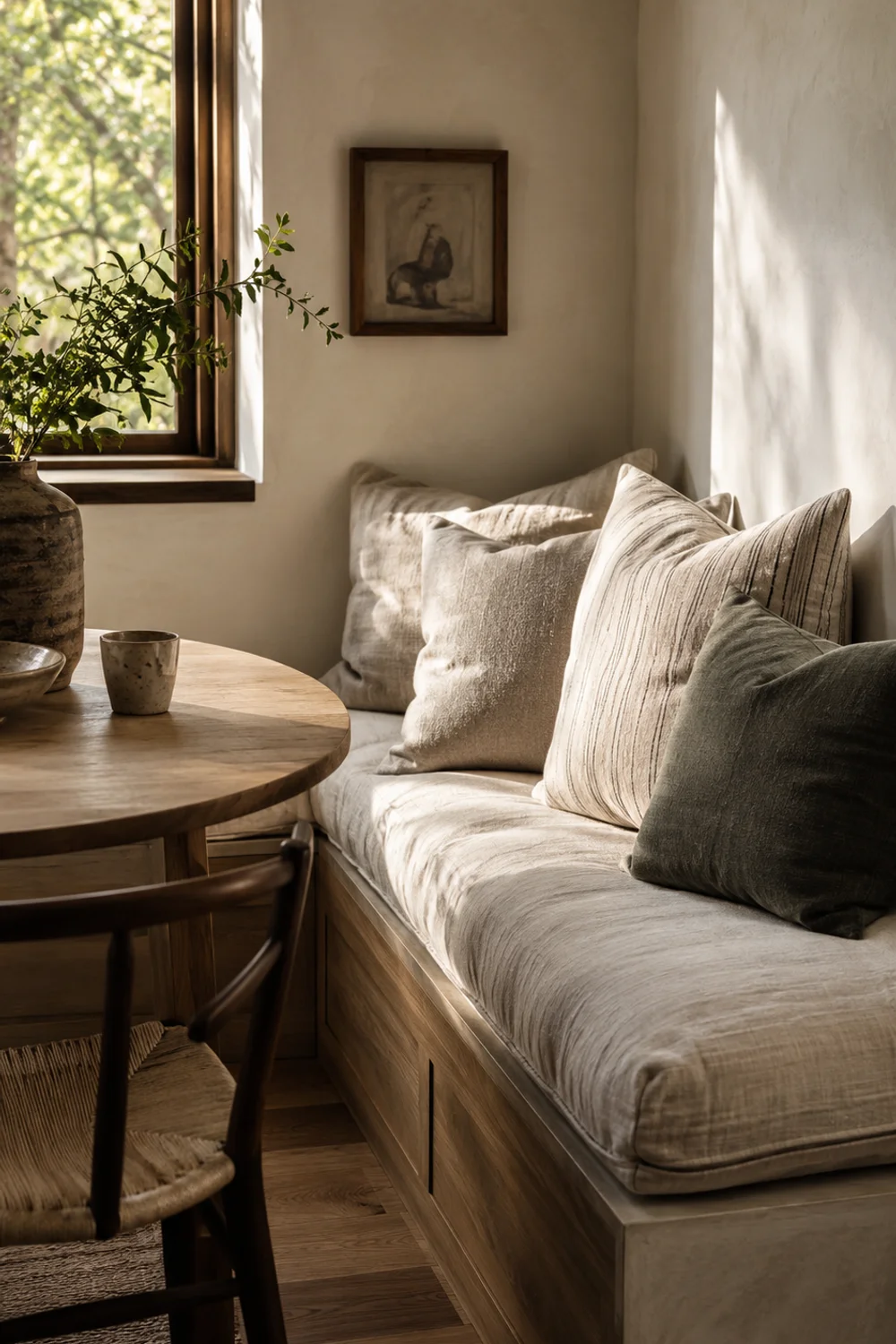 Built-in corner banquette with linen cushion and round wooden table in a small kitchen nook