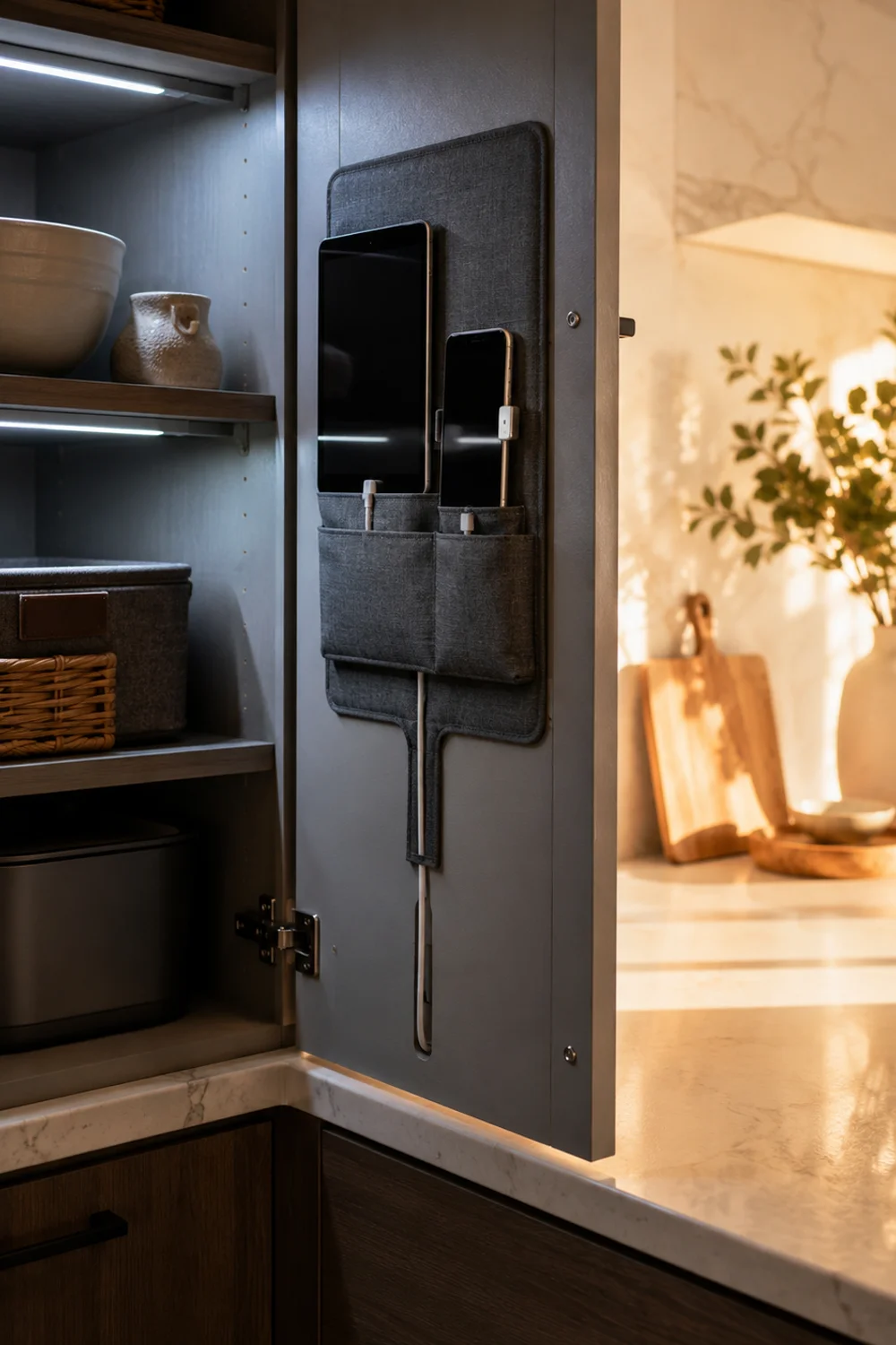 Inside view of a kitchen cabinet door with a mounted organizer holding a charging phone and tablet with routed cables