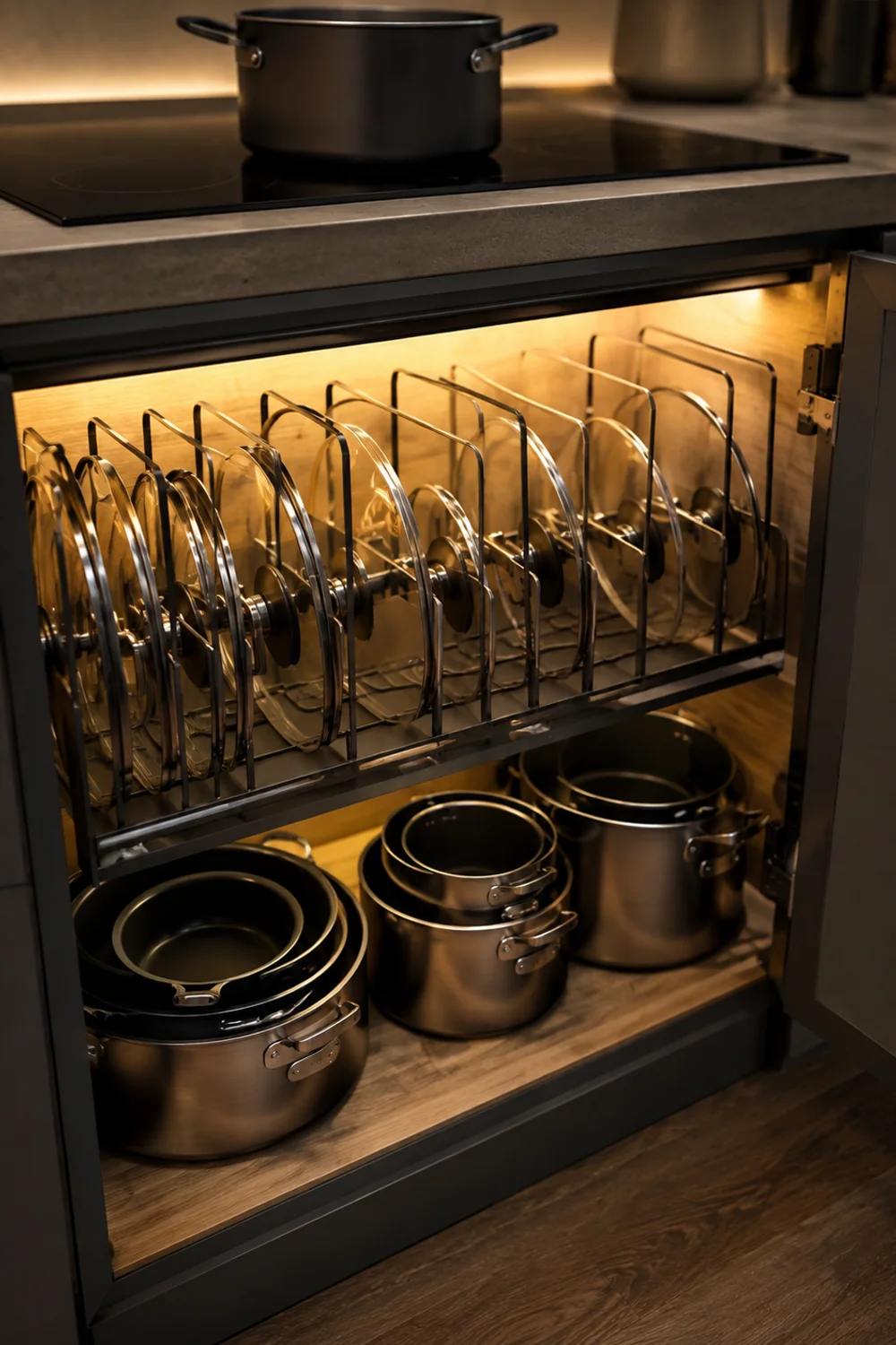 Open cabinet beneath the stove with a vertical pot lid organizer rack storing lids next to their matching pots