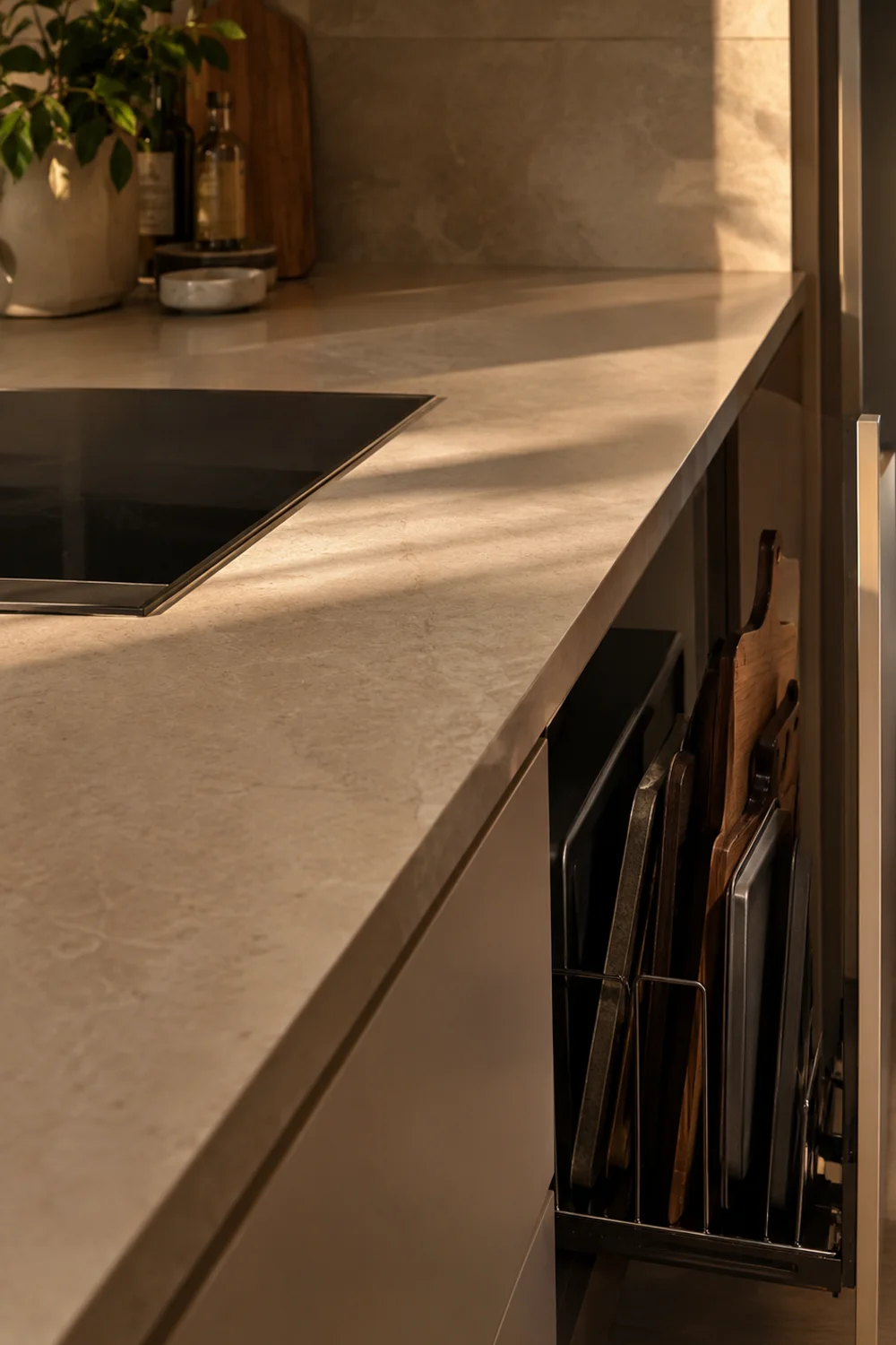 Long clear kitchen prep counter beside the stove with a cabinet door open showing vertically stored cutting boards