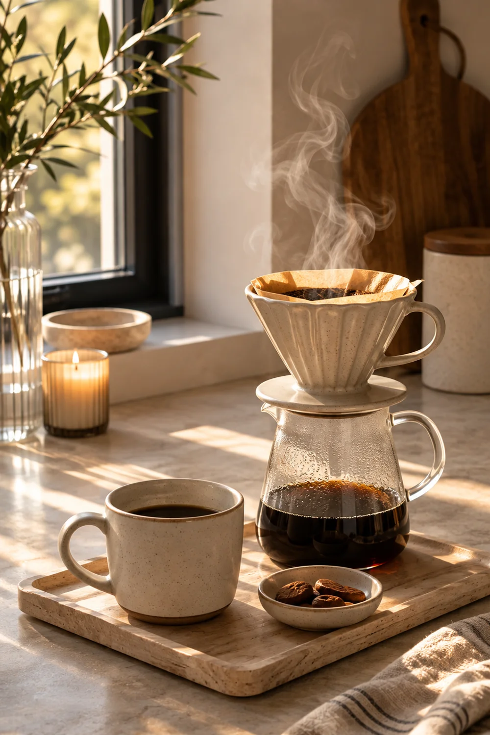 Contained coffee station corner with ceramic pour-over dripper in morning light