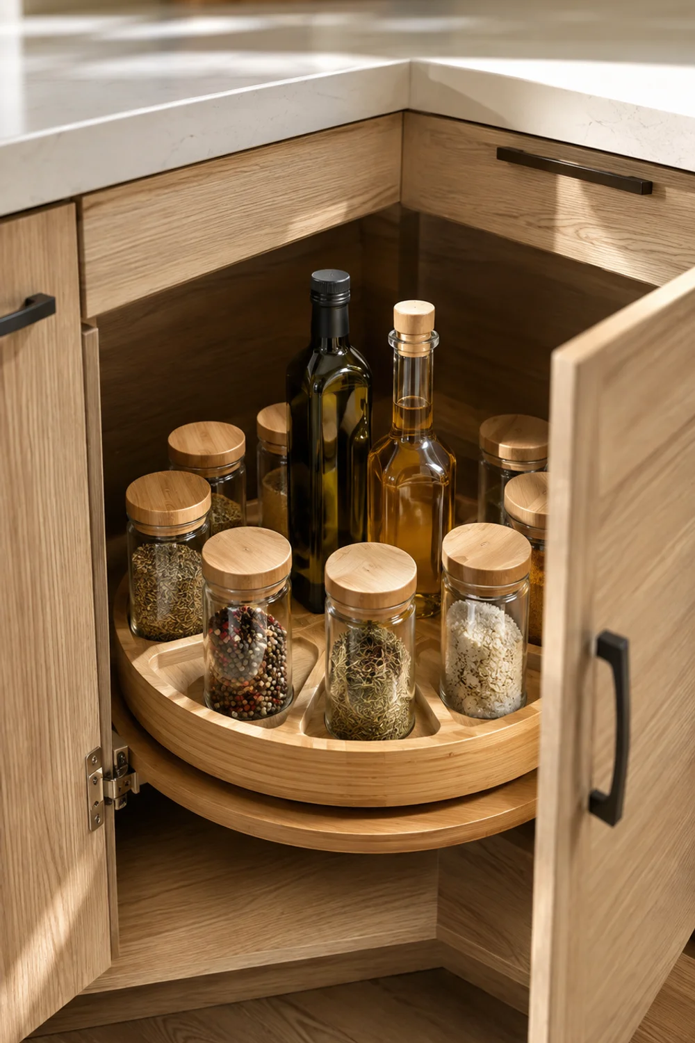 Open corner kitchen cabinet with a round bamboo lazy Susan turntable organizing oil and vinegar bottles