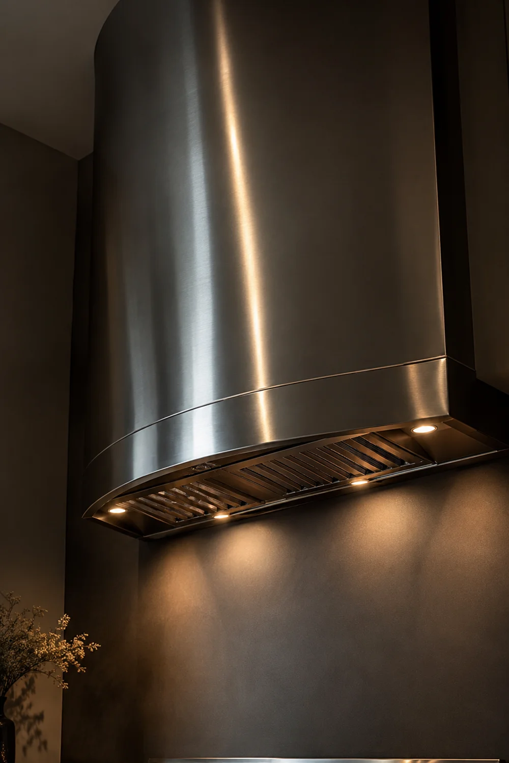 Curved stainless steel range hood as a sculptural focal point above a small kitchen stove