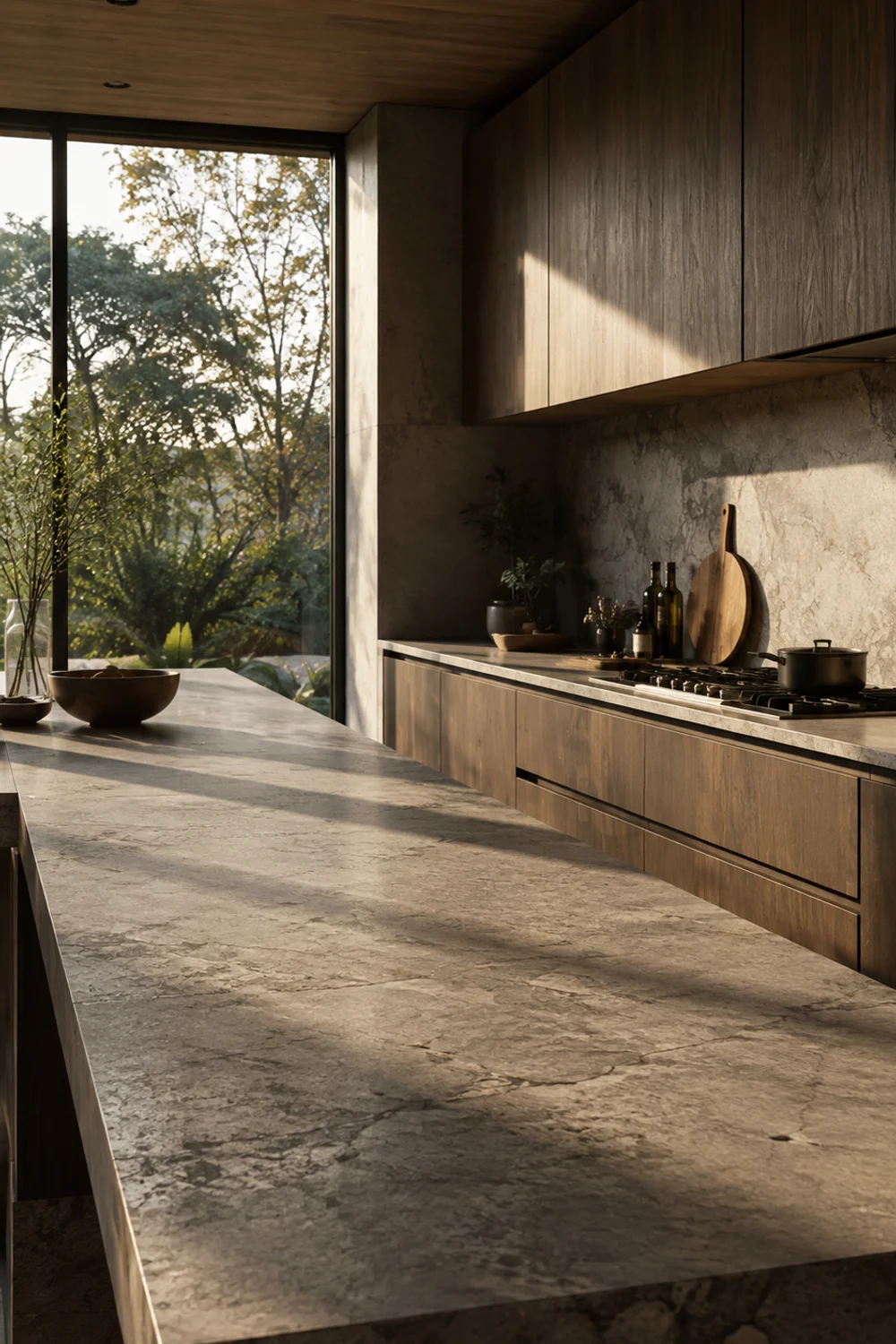 Empty kitchen counter run beside a sunlit window in a minimalist kitchen