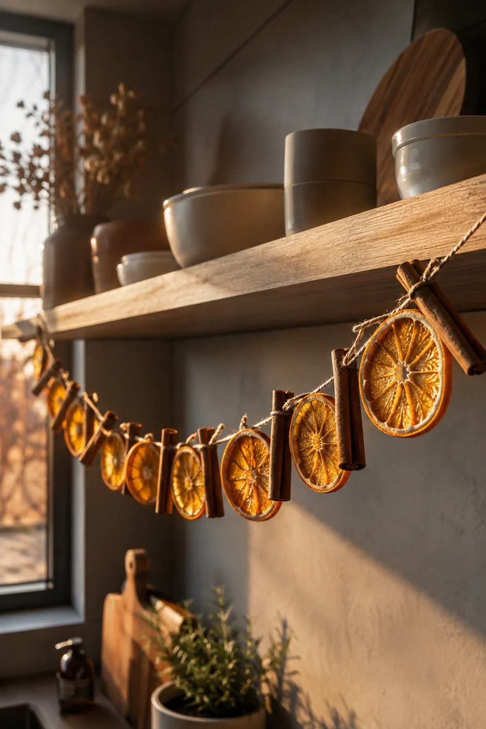 Dried orange slice and cinnamon stick garland draped along an open kitchen shelf in warm afternoon light