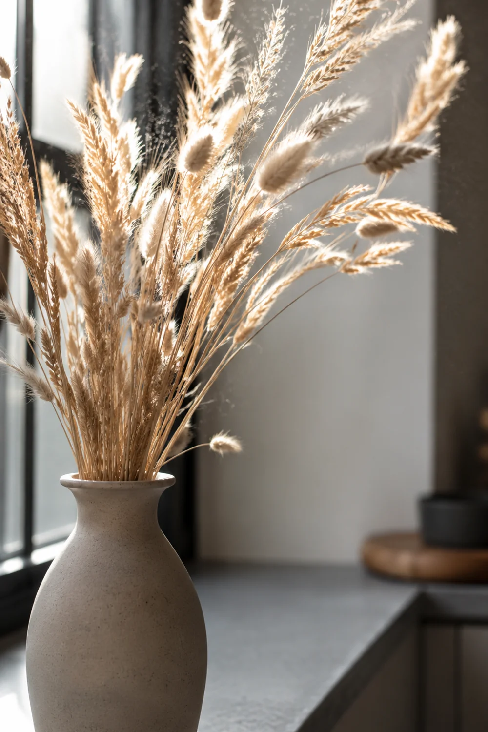Dried wheat and bunny-tail grass bundle in a stoneware vase catching window light on a kitchen counter