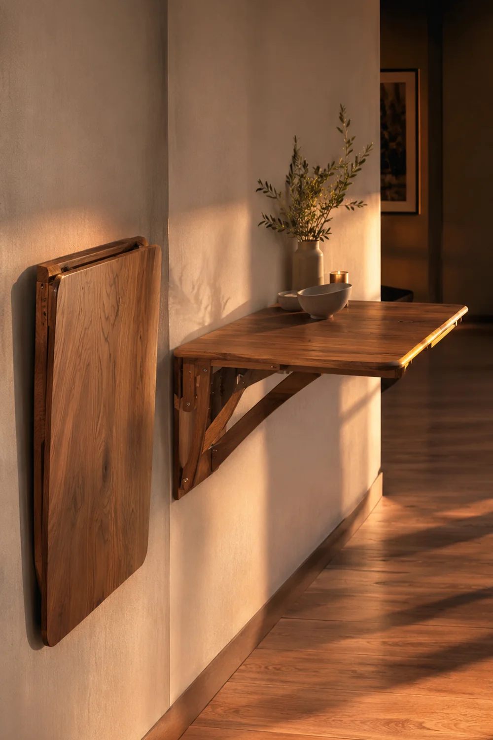 Solid wood drop-leaf dining table shown folded flat against a wall and fully extended for dinner
