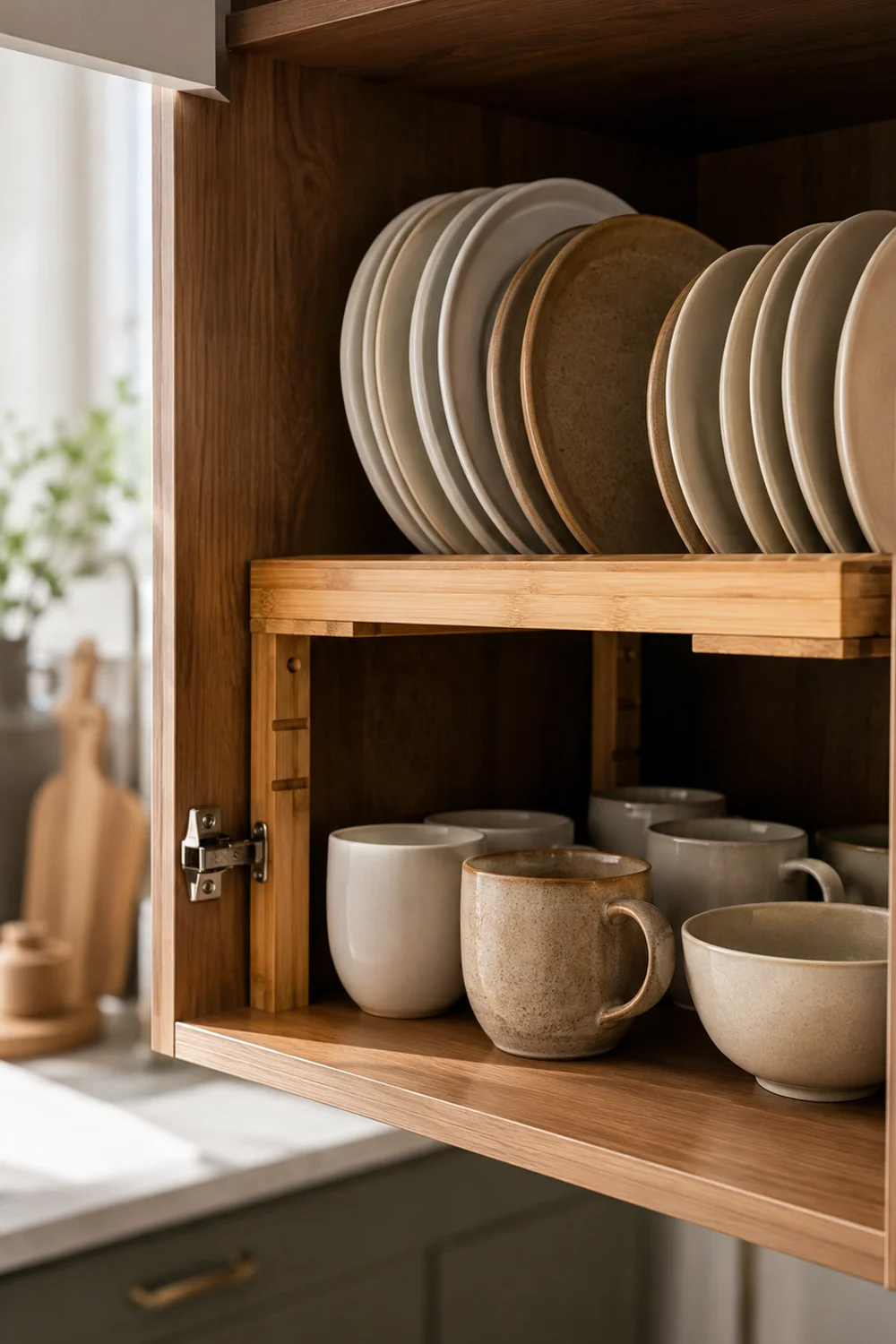 Expandable bamboo cabinet shelf riser organizing plates and mugs inside a small kitchen cabinet
