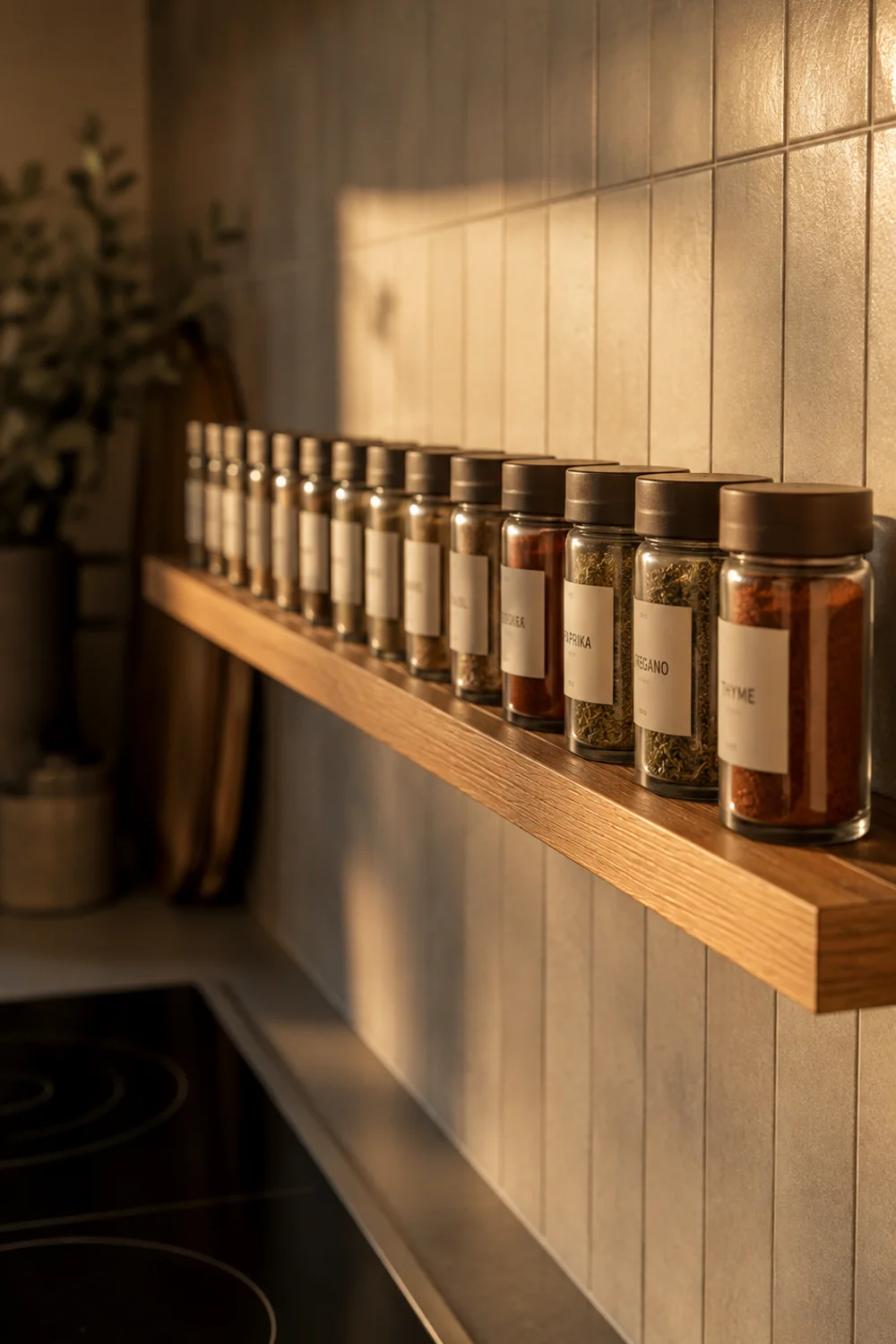 Narrow floating oak spice ledge above a kitchen backsplash with a single row of matching glass spice jars