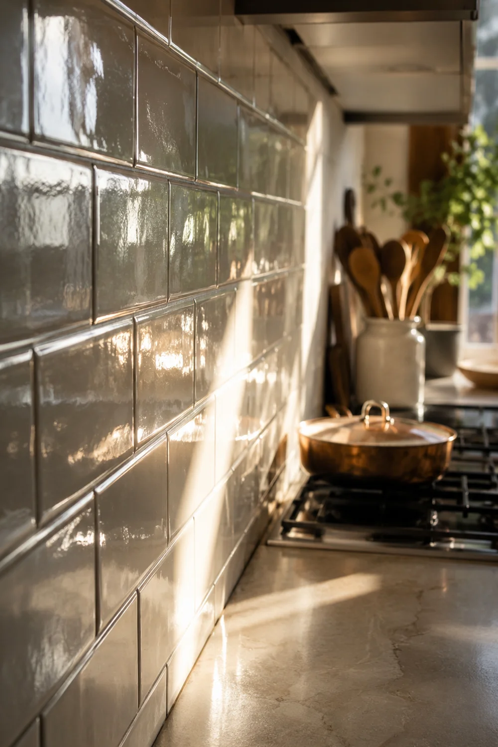 Glossy cream glazed subway tile backsplash reflecting morning sunlight in a narrow kitchen