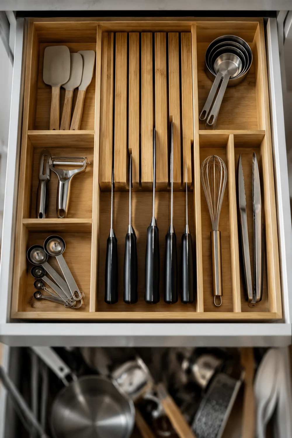 Overhead view of an open kitchen drawer with a bamboo knife and utensil organizer insert with divided compartments