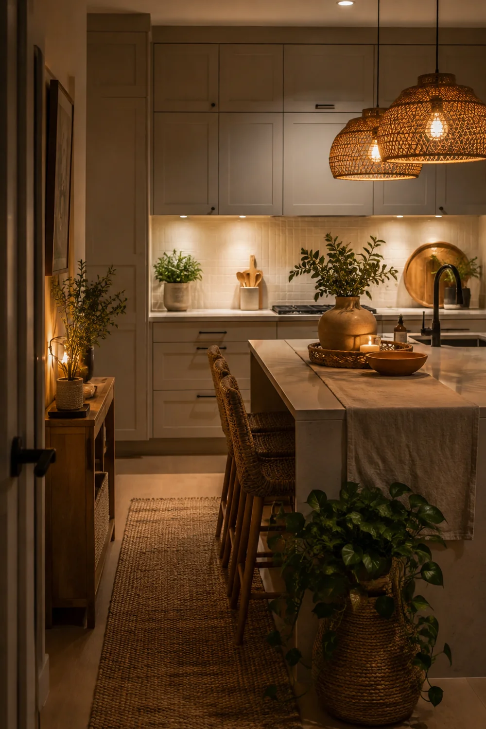 Fully layered cozy modern neutral kitchen at dusk with warm lighting, textiles, wood, and greenery combined
