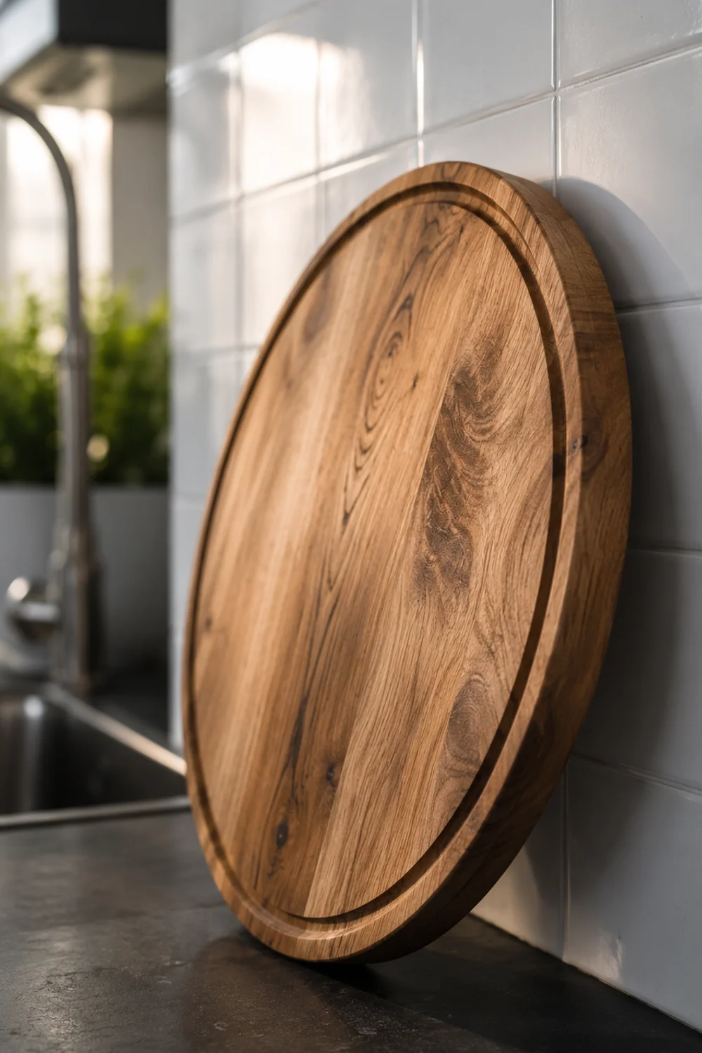 Round maple cutting board leaning sculpturally against a kitchen backsplash