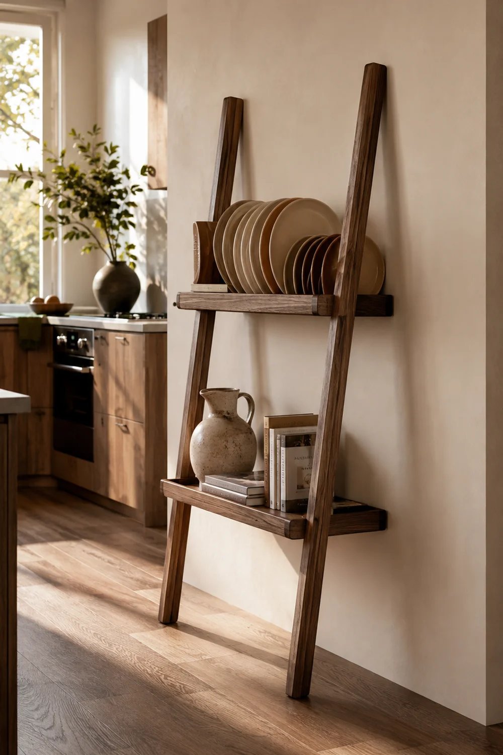 Freestanding two-tier leaning ladder shelf displaying curated stoneware in a small kitchen