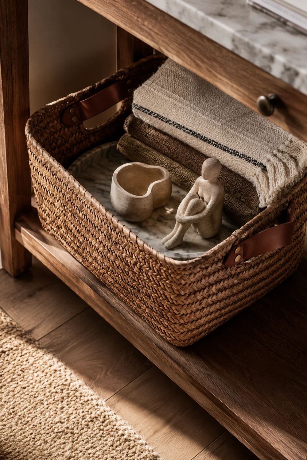 Leather-handled woven storage basket holding gathered kitchen decor objects on a shelf