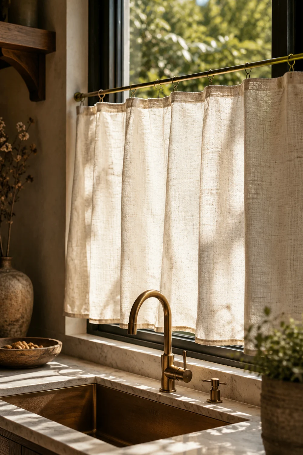 Sheer linen café curtain softening natural light over a modern kitchen sink window