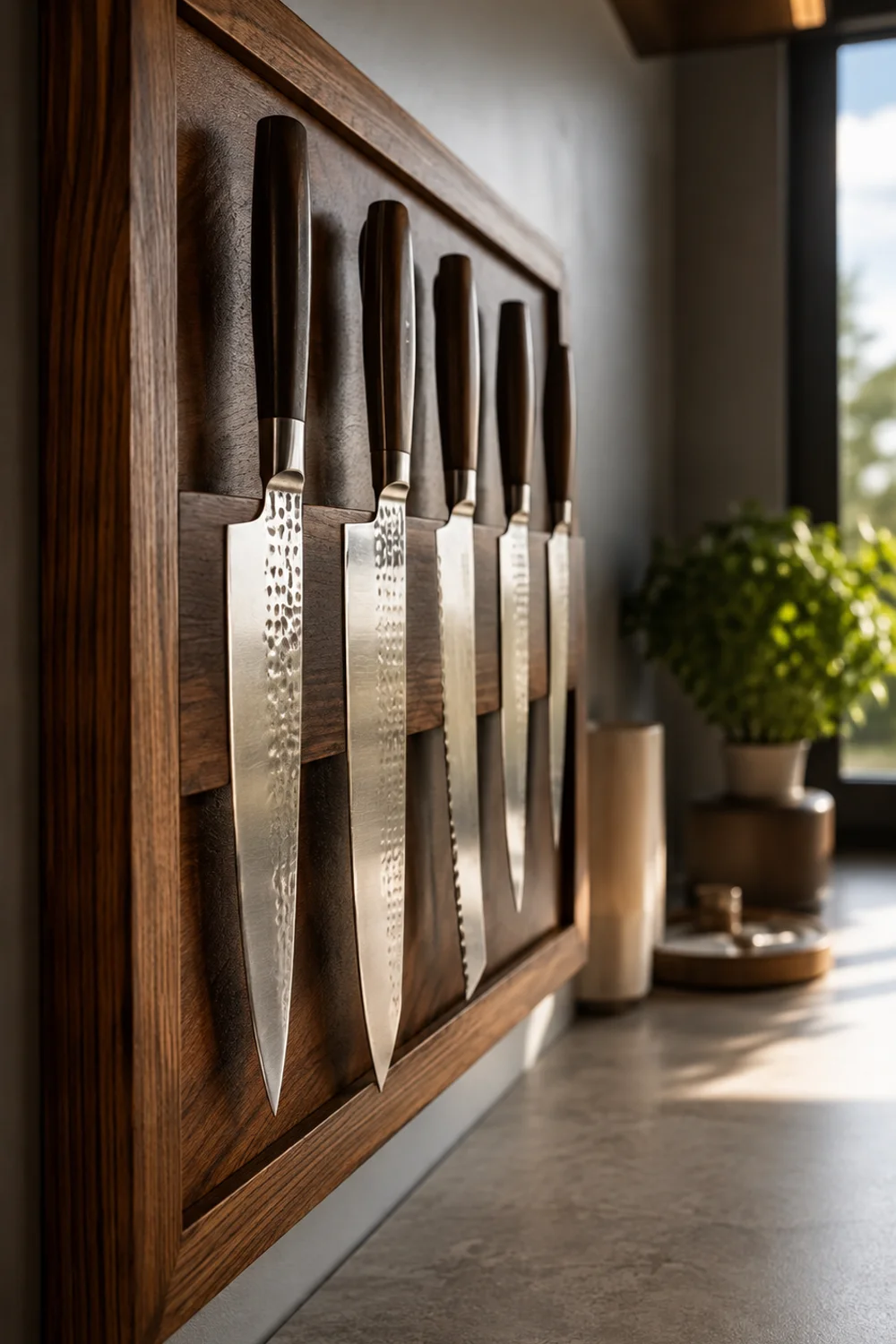 Walnut magnetic knife strip mounted on backsplash with knives displayed