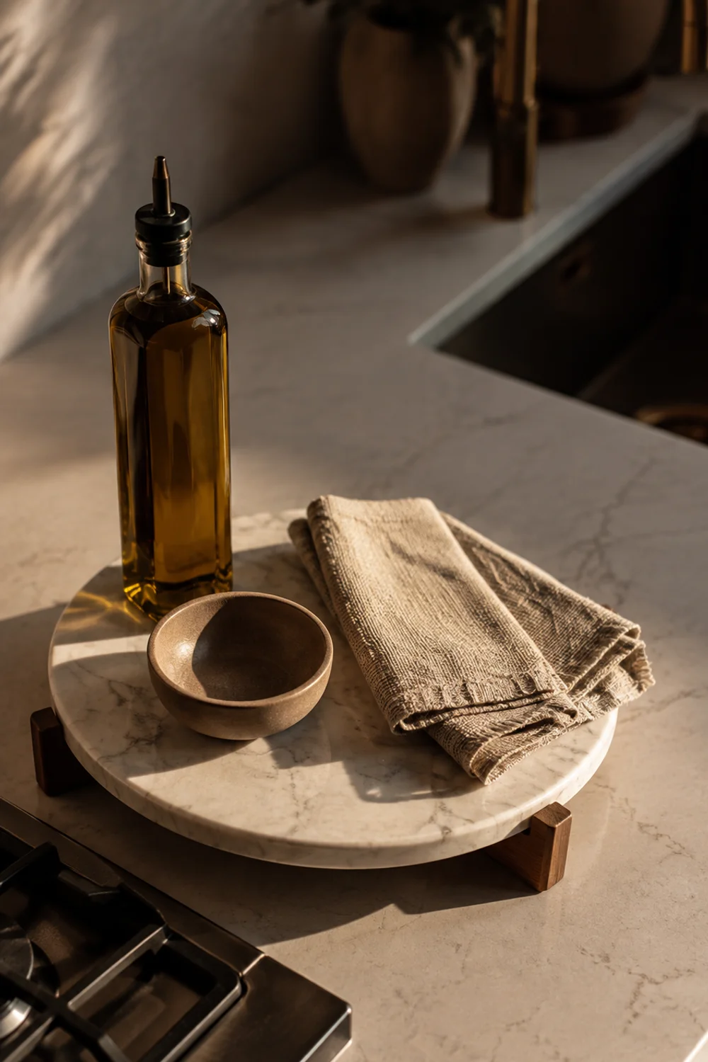Small marble-top riser tray styled with grouped kitchen objects on an apartment counter