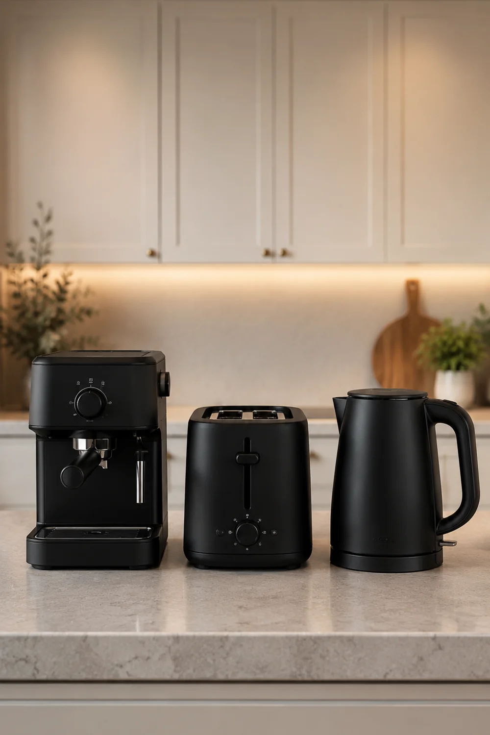 Matching matte black small appliances lined up on a kitchen counter