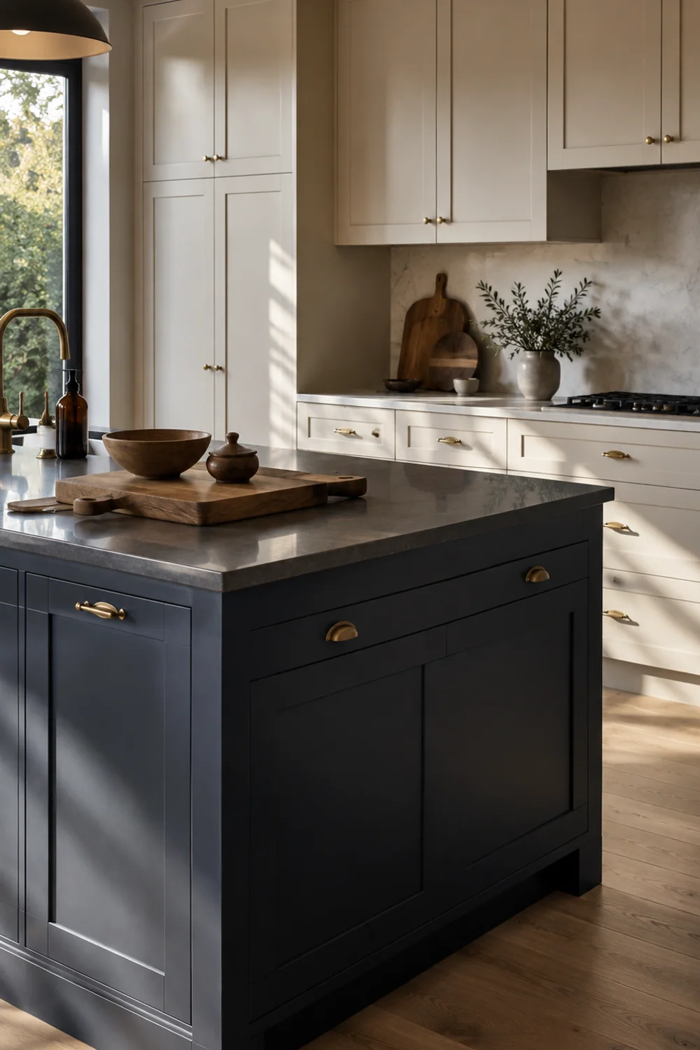 Deep navy chalk-finish kitchen island contrasting with pale perimeter cabinets in a modern kitchen