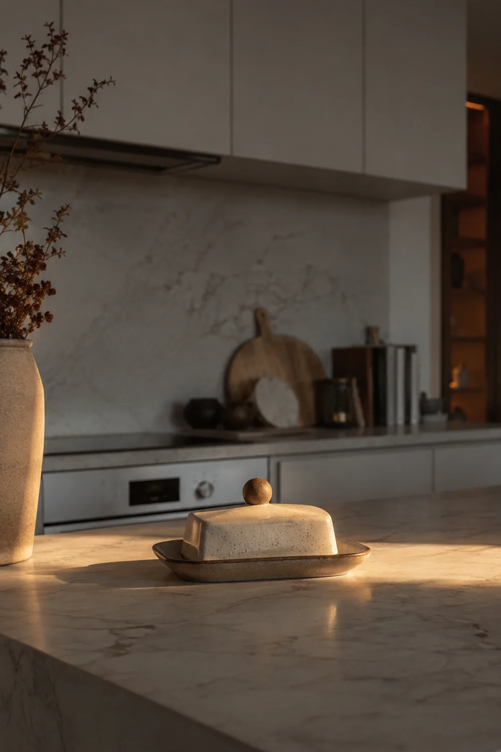 Neutral modern kitchen with cool cabinetry warmed by a single ceramic butter dish in late afternoon light