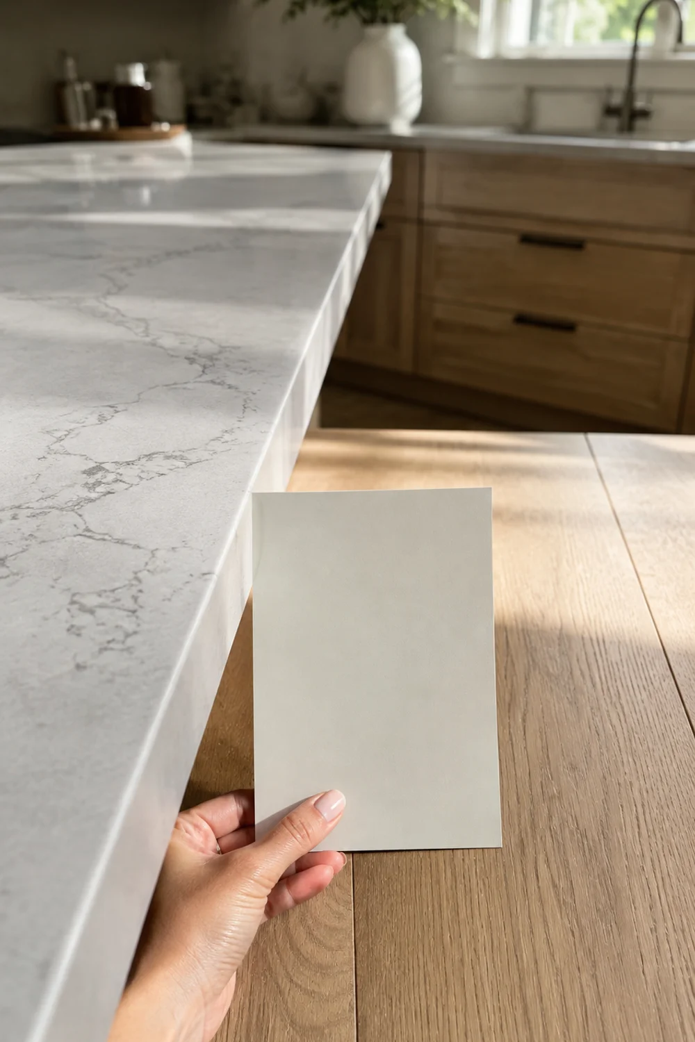 Hand holding a large paint swatch sheet against a quartz countertop and oak floor in a bright modern kitchen