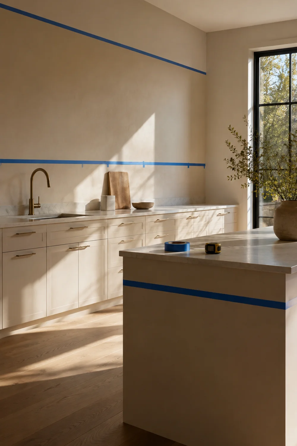 Painter's tape marking proportional color zones across kitchen cabinets and island before painting