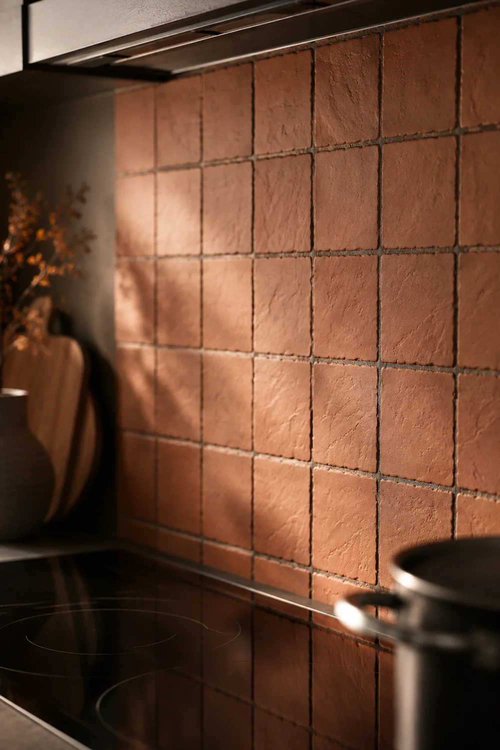 Peel-and-stick terracotta tile backsplash mat applied behind a stove in a small kitchen