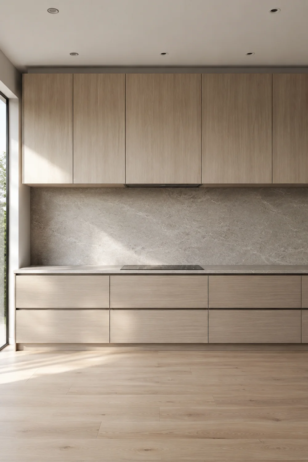 Permanently clear kitchen prep zone with bare stone countertop