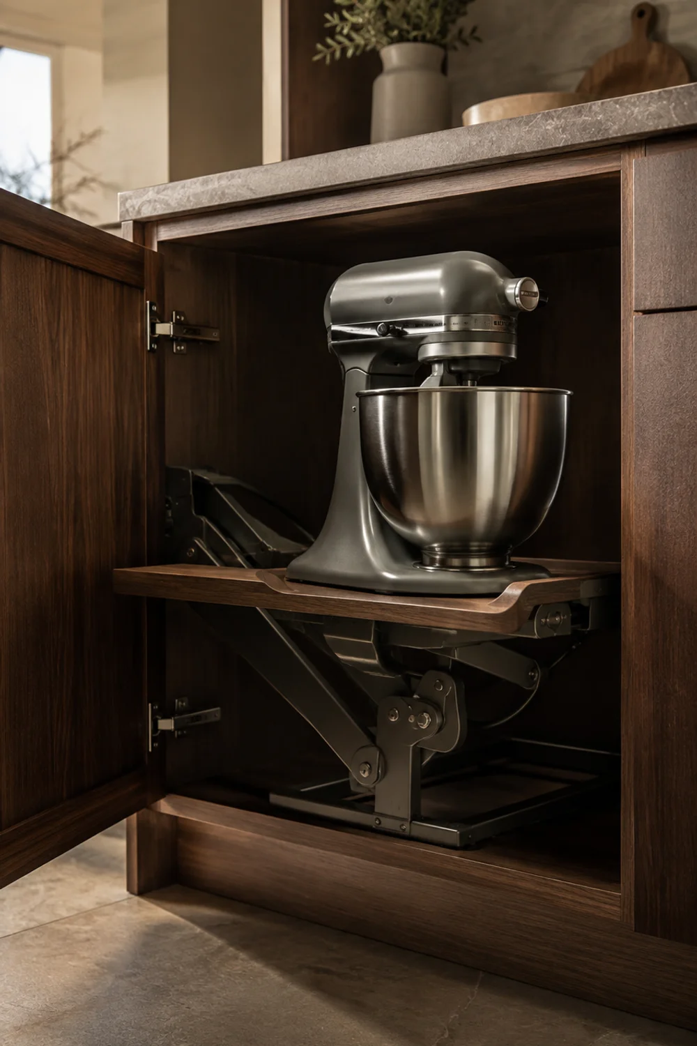 Pull-out corner cabinet shelf bringing a stand mixer up to counter height