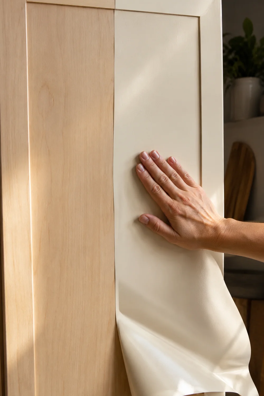 Hand applying removable adhesive cabinet wrap film in warm cream color to a kitchen cabinet door