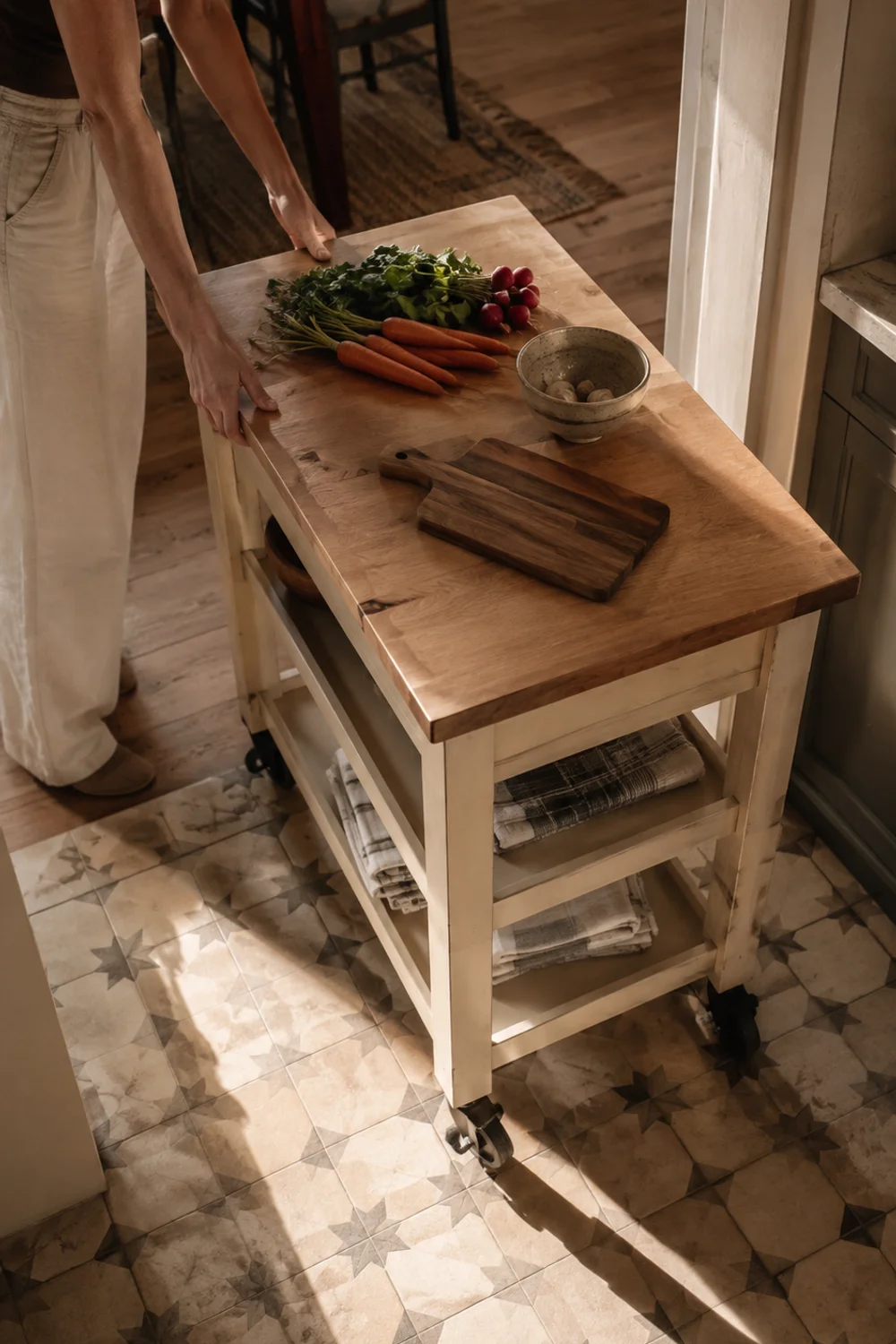 Rolling kitchen island cart with butcher block top being moved between kitchen and dining area