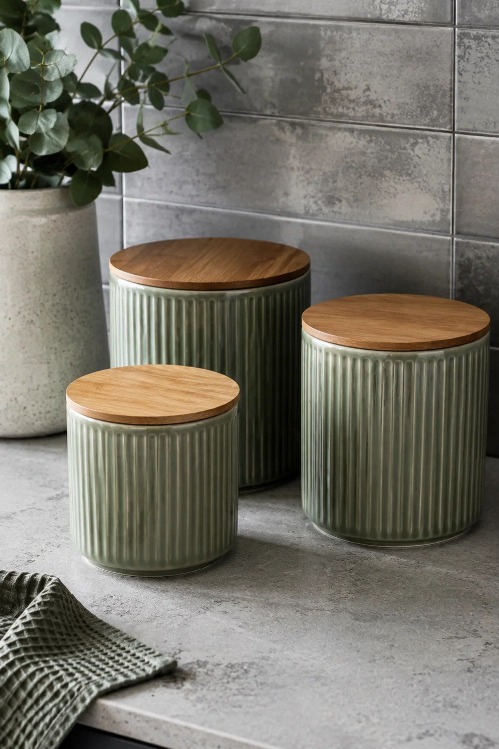 Sage green glazed ceramic canisters with bamboo lids on a dove gray kitchen counter in cool daylight