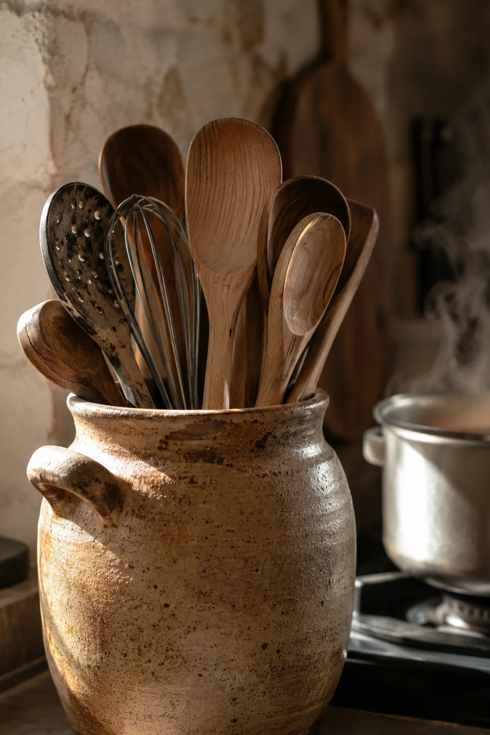 Single stoneware utensil crock filled with cooking tools beside the stove
