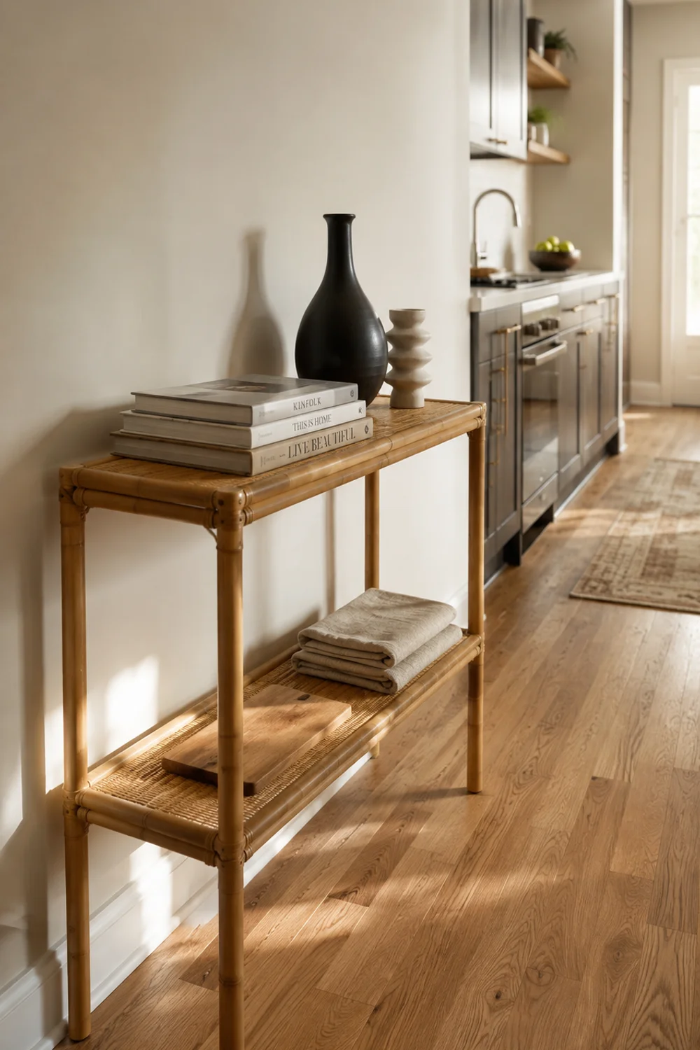 Slim two-tier bamboo console shelf styled as furniture in a small modern apartment kitchen