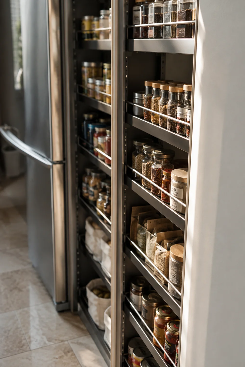 Narrow pull-out pantry tower fully extended with spice jars and canned goods on both sides