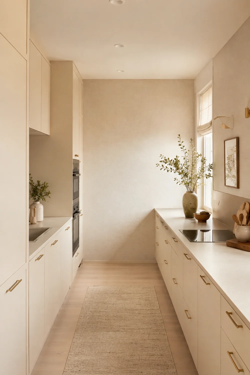 Small galley kitchen with continuous cream color across walls and cabinets using textured wallpaper