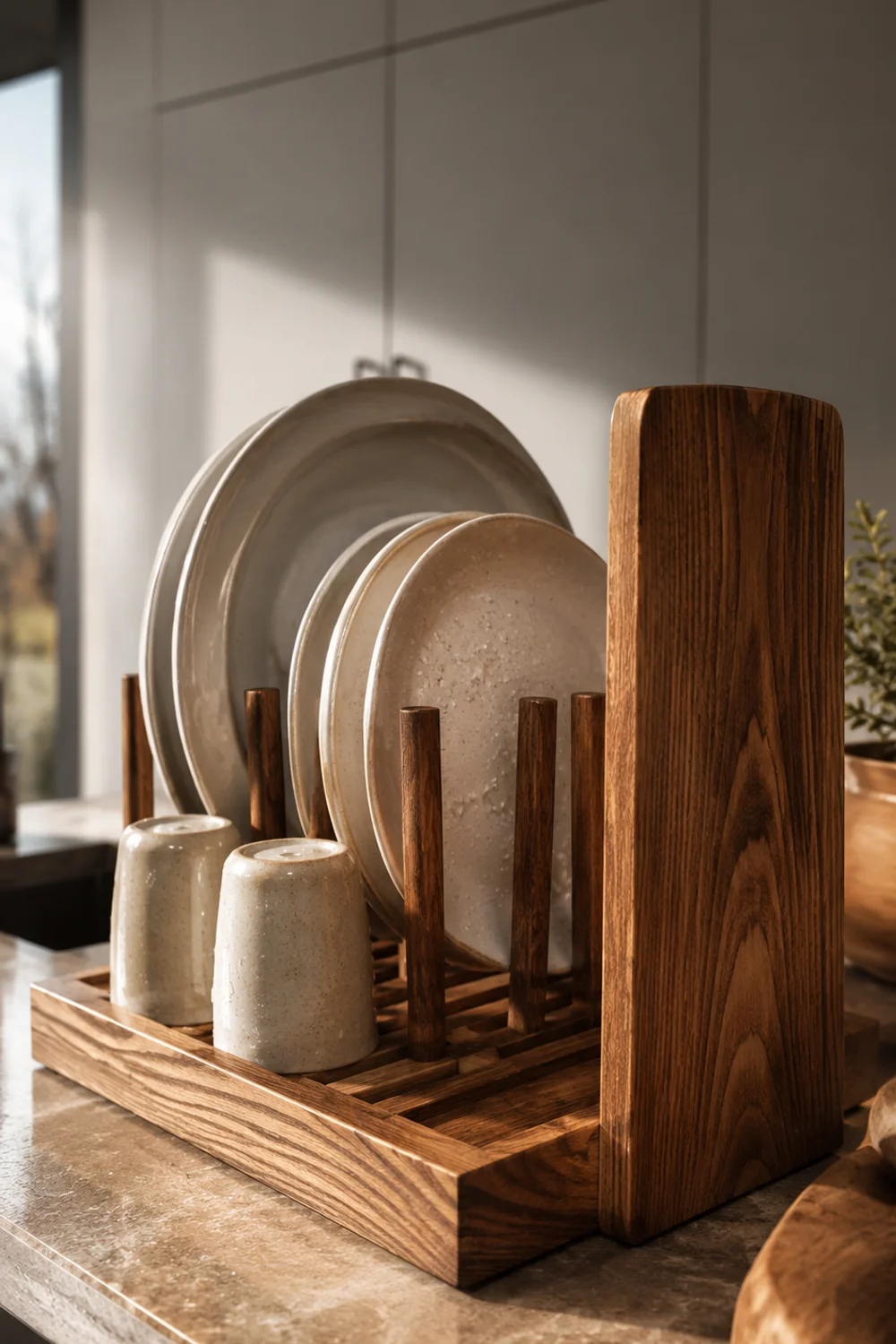 Solid ash wood dish draining rack with ceramic plates against cool gray kitchen cabinetry