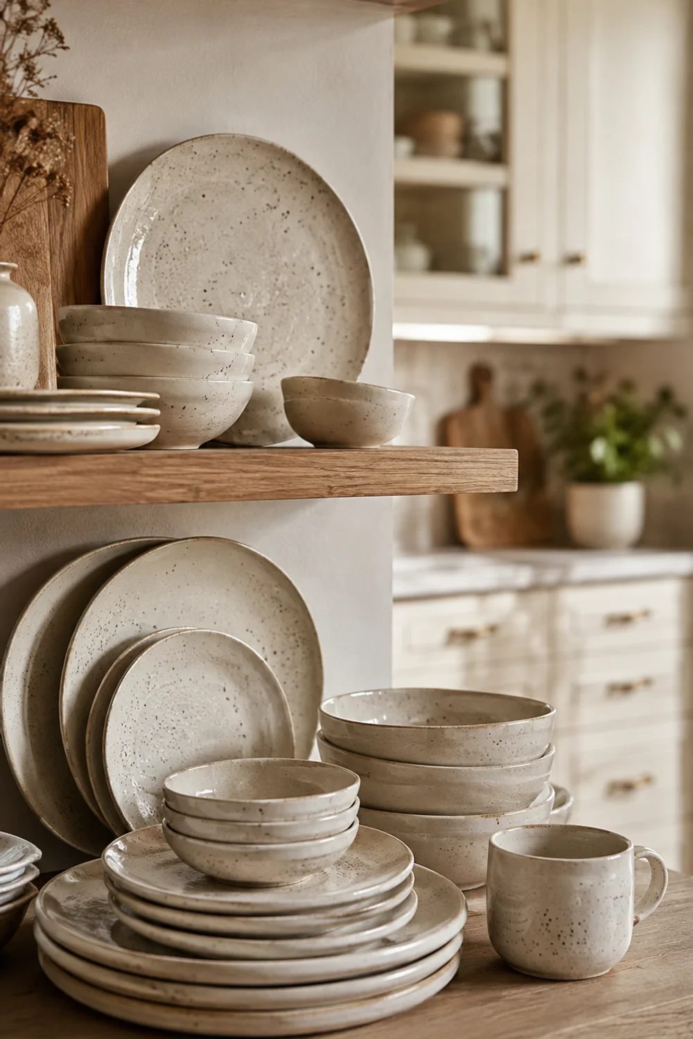 Hand-glazed speckled cream stoneware dinnerware styled on open kitchen shelving