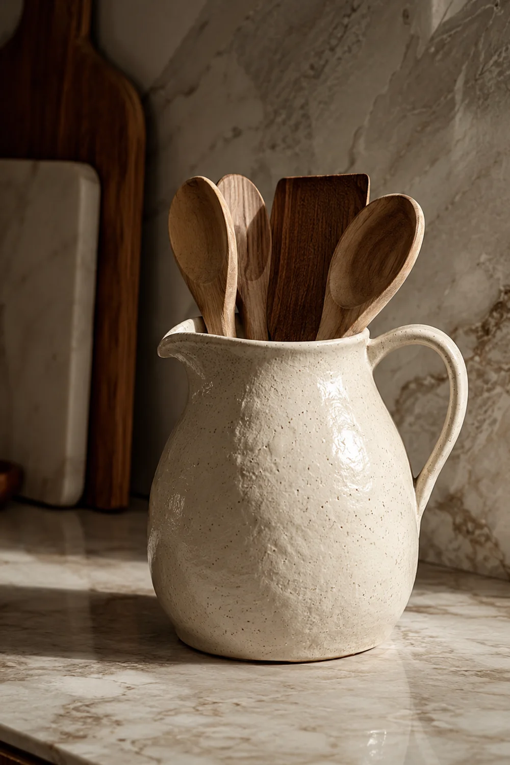 Hand-glazed warm cream stoneware pitcher holding wooden utensils on a modern kitchen counter